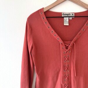 Y2K Joseph A Coral Lace-Up Top Coquette Ribbed Fitted Long Sleeve